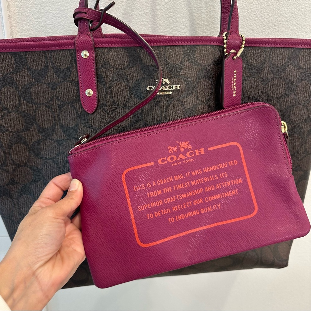 Coach Reversible City Tote In Signature Canvas  Dark Brown and Magenta - Picture 2 of 16